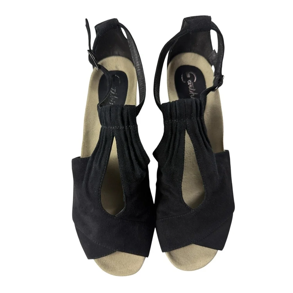 Earthies Veria Black Kid Suede Peep Toe Block Heel Sandals Womens 10B 800022WSDE